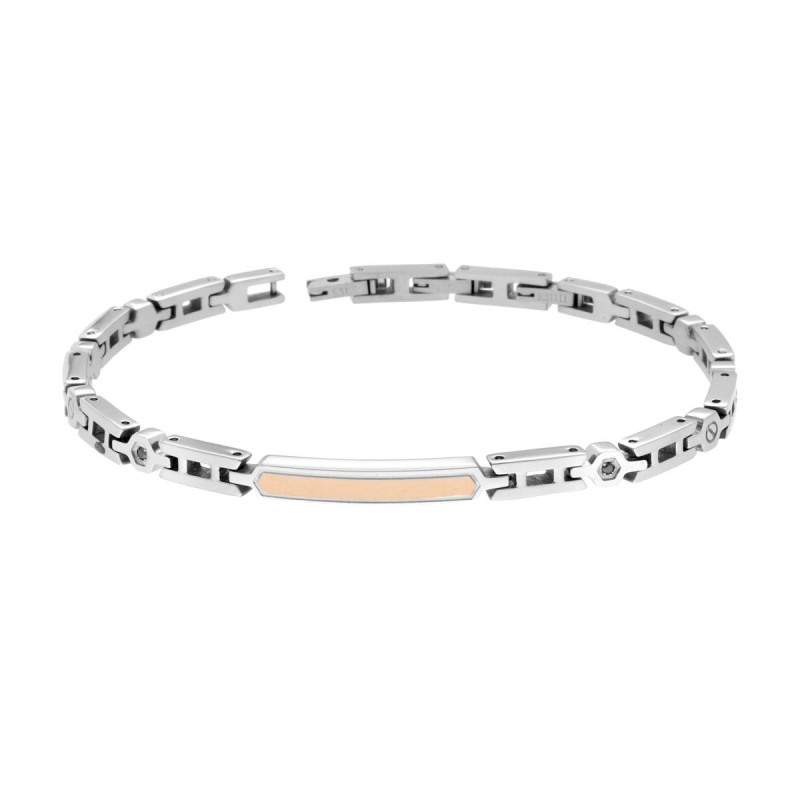 BRACCIALE UOMO MAGLIA IMPERNIATA CON TARGA ROSA E CRYSTAL NERI IN ACCIAIO