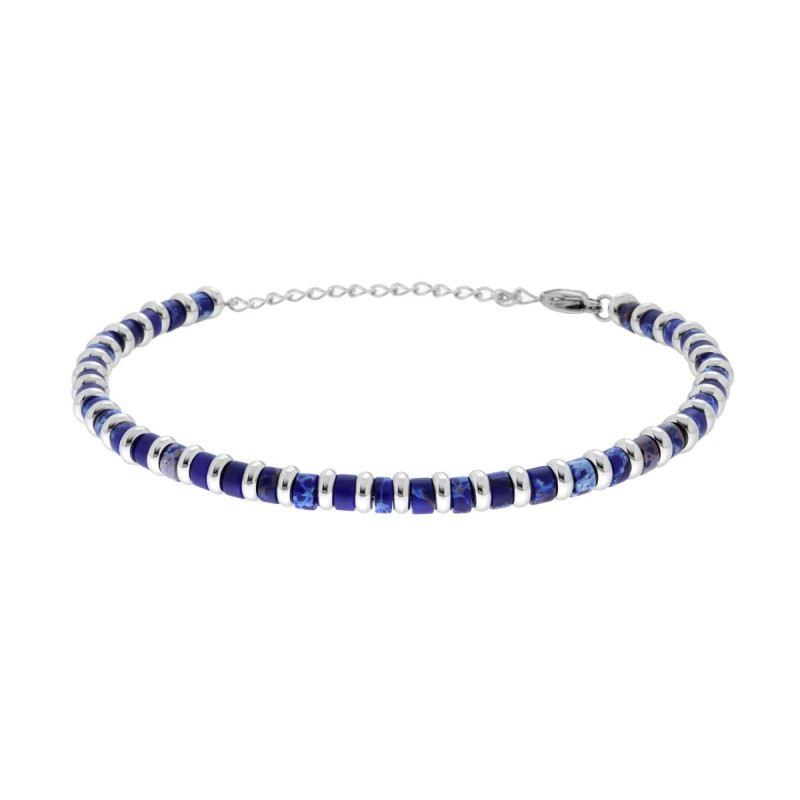 BRACCIALE CATENA CON PIETRE COLORE BLU LAPISLAZZULI E ANELLI IN ACCIAIO