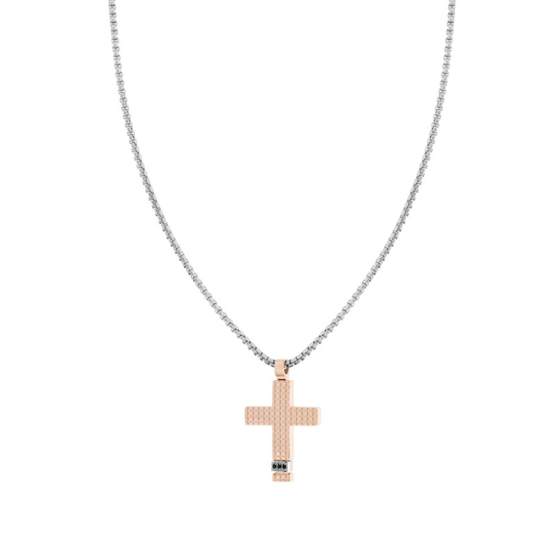 COLLANA UOMO CATENA VENEZIANA TONDA CON CROCE QUADRETTATA ROSA CON CRYSTAL NERI IN ACCIAIO