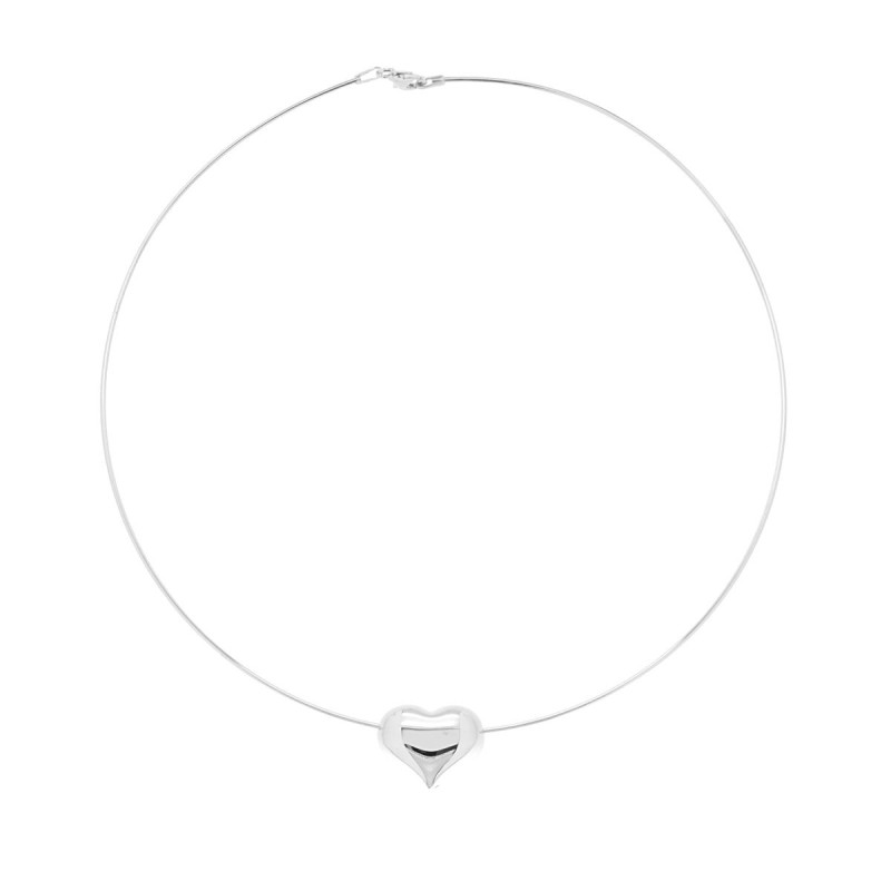 COLLANA RIGIDA FILO CON CUORE MM 15X18 BOMBATO PASSANTE IN ARGENTO 925 GALVANICA RODIO