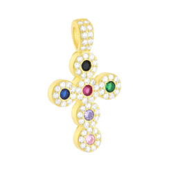 CIONDOLO CROCE LATINA CON CUBIC ZIRCONIA MULTICOLOR IN ARGENTO 925 GALVANICA ORO