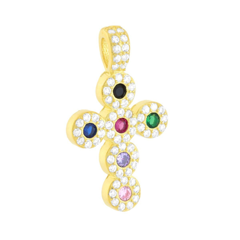 CIONDOLO CROCE LATINA CON CUBIC ZIRCONIA MULTICOLOR IN ARGENTO 925 GALVANICA ORO