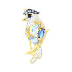 SPILLA PAPPAGALLO CON CUBIC ZIRCONIA ACQUAMARINA E BIANCHI IN ARGENTO 925 GALVANICA ORO
