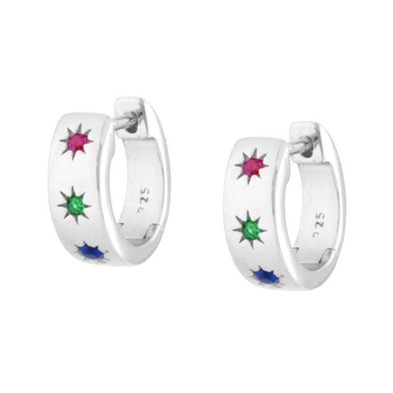 ORECCHINI CERCHIO SCATTINO CON STELLE CUBIC ZIRCONIA MULTICOLOR IN ARGENTO 925 GALVANICA RODIO