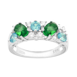 ANELLO CON BOUQUET DI CUBIC ZIRCONIA VERDE SMERALDO ACQUAMARINA E BIANCHI IN ARGENTO 925 GALVANICA RODIO