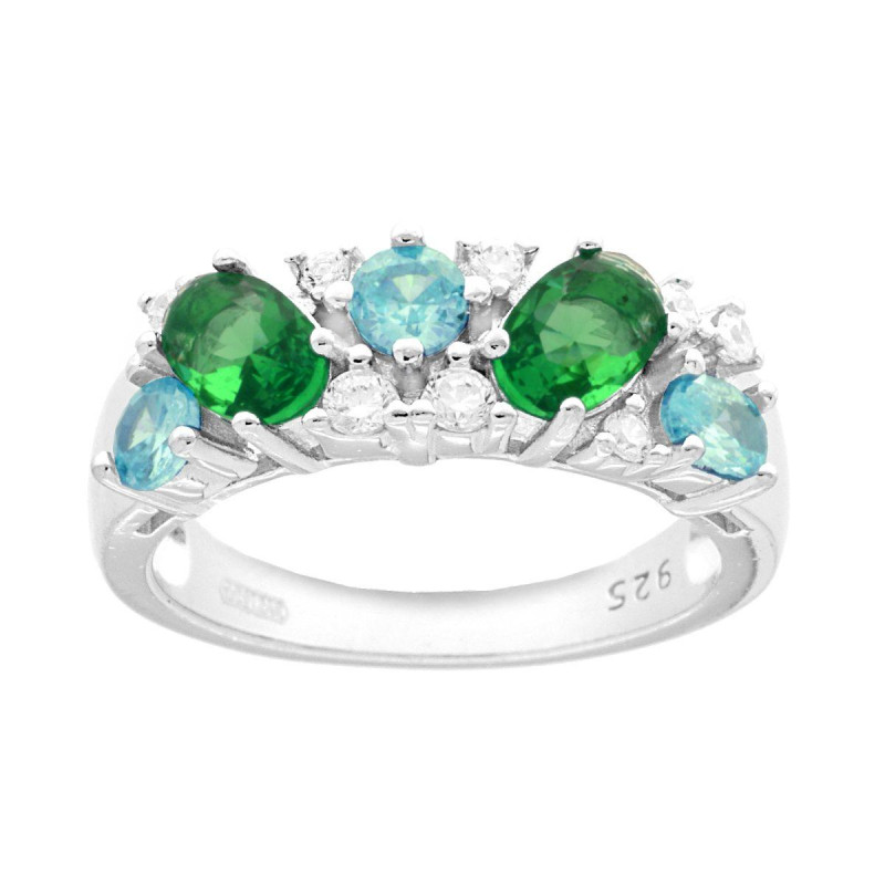 ANELLO CON BOUQUET DI CUBIC ZIRCONIA VERDE SMERALDO ACQUAMARINA E BIANCHI IN ARGENTO 925 GALVANICA RODIO