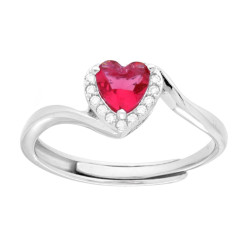 ANELLO SOLITARIO CUORE ROSSO RUBINO CONTORNATO DA CUBIC ZIRCONIA BIANCHI IN ARGENTO 925 GALVANICA RODIO