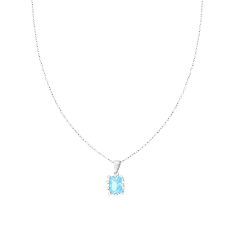 COLLANA CATENA FORZATINA DIAMANTATA CON PUNTO LUCE RETTANGOLO ACQUAMARINA CON GRIFFE FIORITE CON CUBIC ZIRCONIA BIANCHI IN ARGEN