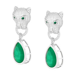 ORECCHINI LEONE E GOCCIA VERDE SMERALDO CON CUBIC ZIRCONIA BIANCHI IN ARGENTO 925 GALVANICA RODIO