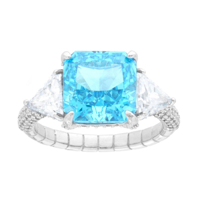 ANELLO SOLITARIO QUADRATO ACQUAMARINA CON CON CUBIC ZIRCONIA BIANCHI TRIANCOLARI IN ARGENTO 925 GALVANICA RODIO