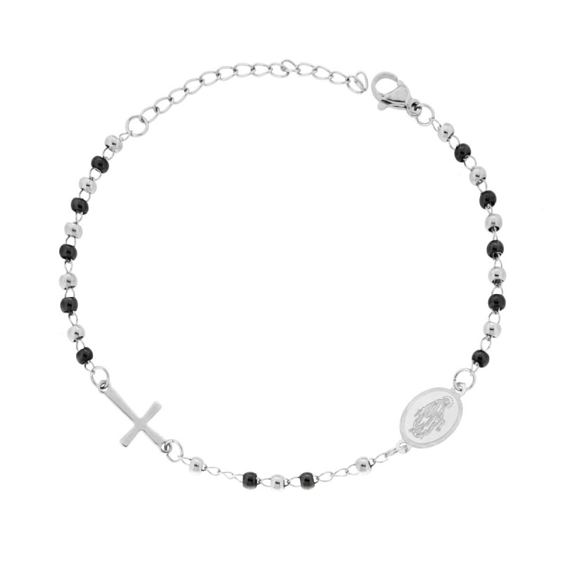 BRACCIALE ROSARIO CM 20+5 CON GRANI PALLINA LISCIA MM 3 CON CROCE E MEDAGLIA MADONNA IN ACCIAIO E COLORE NERO