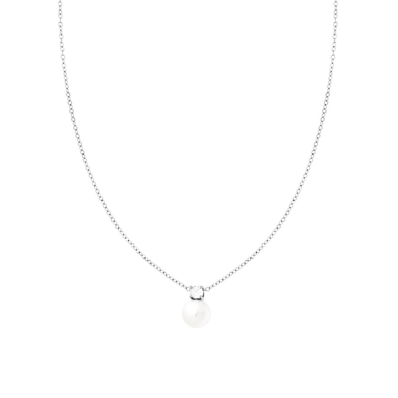 COLLANA CATENA FORZATINA DIAMANTATA CON PERLA E PUNTO LUCE CRYSTAL BIANCO IN ACCIAIO