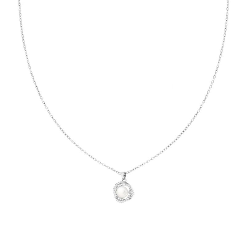 COLLANA CATENA FORZATINA DIAMANTATA CON PERLA CONTORNATA DA CRYSTAL BIANCHI IN ACCIAIO