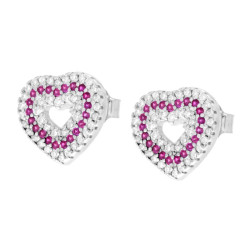 ORECCHINI CUORE CON CUBIC ZIRCONIA BIANCHI E ROSSO RUBINO IN ARGENTO 925 GALVANICA RODIO