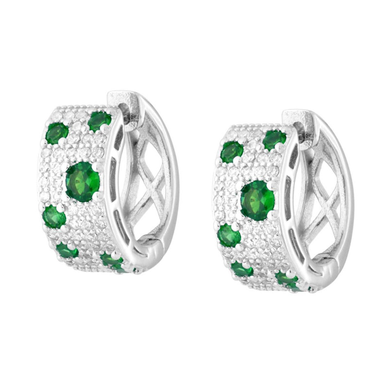 ORECCHINI CERCHIO SCATTINO CON CUBIC ZIRCONIA BIANCHI E VERDE SMERALDO IN ARGENTO 925 GALVANICA RODIO