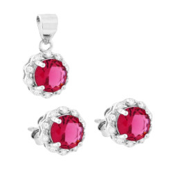PARURE SET ORECCHINI E CIONDOLO TONDO ROSSO RUBINO CONTORNATO DA CUBIC ZIRCONIA BIANCHI IN ARGENTO 925 GALVANICA RODIO