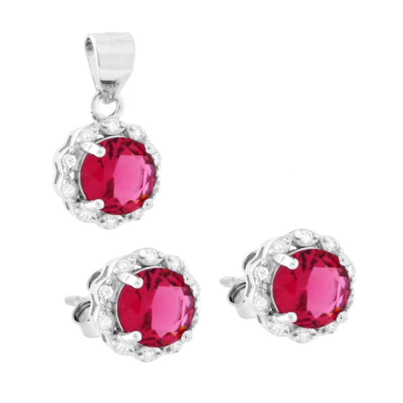 PARURE SET ORECCHINI E CIONDOLO TONDO ROSSO RUBINO CONTORNATO DA CUBIC ZIRCONIA BIANCHI IN ARGENTO 925 GALVANICA RODIO