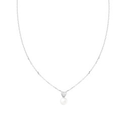 COLLANA CATENA FORZATINA DIAMANTATA CON PERLA E CUORE CON CUBIC ZIRCONIA BIANCHI IN ARGENTO 925 GALVANICA RODIO