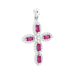 CIONDOLO CROCE CON CUBIC ZIRCONIA ROSSO RUBINO E BIANCHI IN ARGENTO 925 GALVANICA RODIO