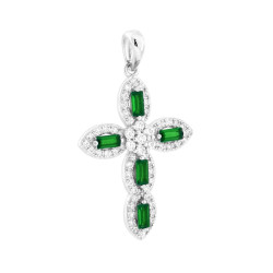 CIONDOLO CROCE CON CUBIC ZIRCONIA VERDE SMERALDO E BIANCHI IN ARGENTO 925 GALVANICA RODIO