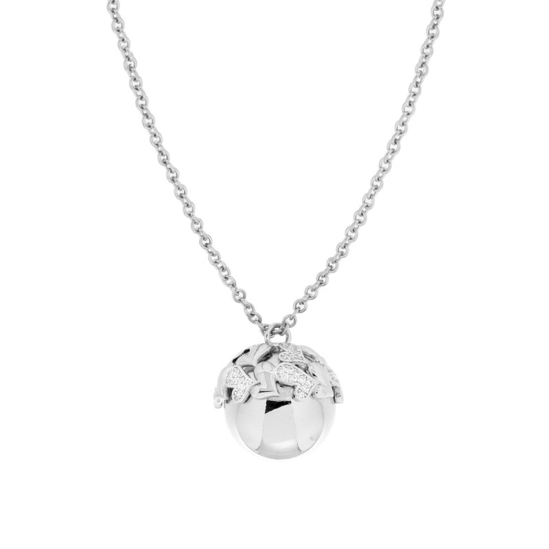 COLLANA CATENA FORZATINA CON CHIAMA ANGELI CON CUORI E CRYSTAL BIANCHI IN ACCIAIO
