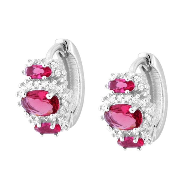 ORECCHINI CERCHIO SCATTINO OVALI ROSSO RUBINO CON CUBIC ZIRCONIA BIANCHI IN ARGENTO 925 GALVANICA RODIO