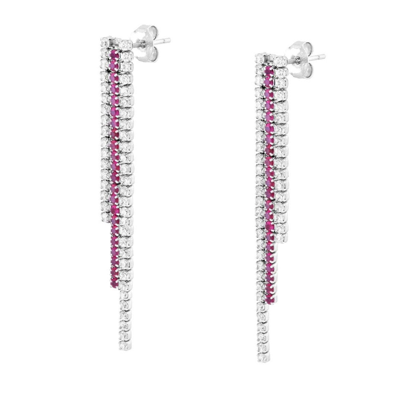 ORECCHINI TRE FILI TENNIS CUBIC ZIRCONIA ROSSO RUBINO E BIANCHI IN ARGENTO 925 GALVANICA RODIO