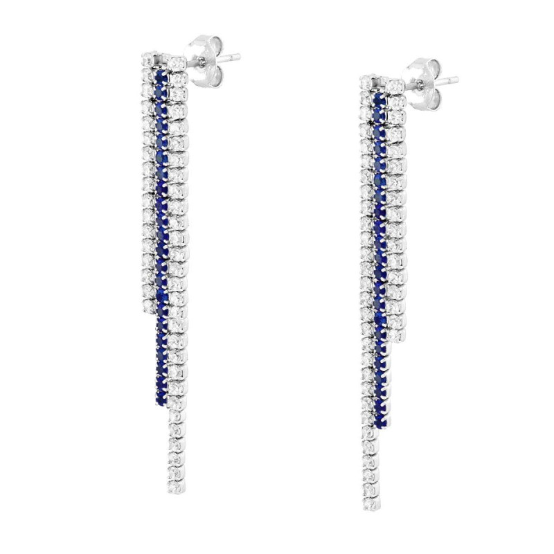 ORECCHINI TRE FILI TENNIS CUBIC ZIRCONIA BLU ZAFFIRO E BIANCHI IN ARGENTO 925 GALVANICA RODIO