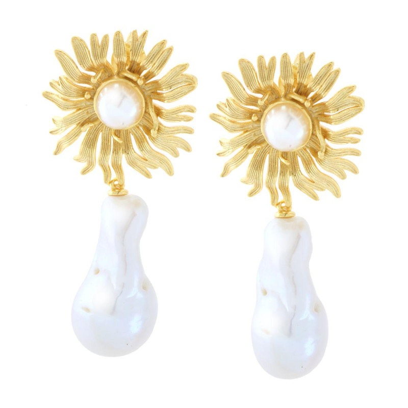 ORECCHINI FIORE CON PERLA SCARAMAZZA PENDENTE IN ARGENTO 925 GALVANICA ORO