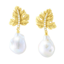 ORECCHINI FOGLIA CON PERLA SCARAMAZZA PENDENTE E CUBIC ZIRCONIA BIANCHI IN ARGENTO 925 GALVANICA ORO