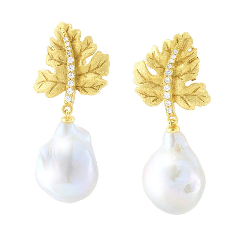 ORECCHINI FOGLIA CON PERLA SCARAMAZZA PENDENTE E CUBIC ZIRCONIA BIANCHI IN ARGENTO 925 GALVANICA ORO