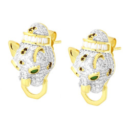 ORECCHINI TESTA DI PANTERA CON CUBIC ZIRCONIA VERDE SMERALDO E BIANCHI IN ARGENTO 925 GALVANICA ORO