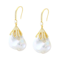ORECCHINI AD AMO CON FOGLIA SU PERLA SCARAMAZZA E CUBIC ZIRCONIA BIANCHI IN ARGENTO 925 GALVANICA ORO