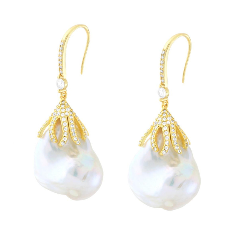 ORECCHINI AD AMO CON FOGLIA SU PERLA SCARAMAZZA E CUBIC ZIRCONIA BIANCHI IN ARGENTO 925 GALVANICA ORO