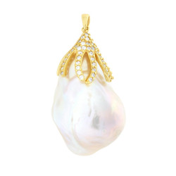 CIONDOLO CON FOGLIA SU PERLA SCARAMAZZA E CUBIC ZIRCONIA BIANCHI IN ARGENTO 925 GALVANICA ORO
