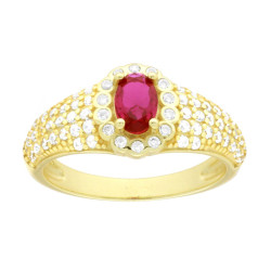 ANELLO OVALE ROSSO RUBINO CONTORNATO DA CUBIC ZIRCONIA BIANCHI IN ARGENTO 925 GALVANICA ORO