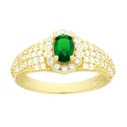ANELLO OVALE VERDE SMERALDO CONTORNATO DA CUBIC ZIRCONIA BIANCHI IN ARGENTO 925 GALVANICA ORO