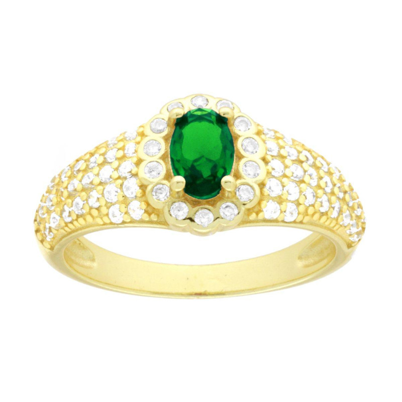 ANELLO OVALE VERDE SMERALDO CONTORNATO DA CUBIC ZIRCONIA BIANCHI IN ARGENTO 925 GALVANICA ORO