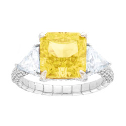 ANELLO SOLITARIO QUADRATO QUARZO CITRINO CON CON CUBIC ZIRCONIA BIANCHI TRIANCOLARI IN ARGENTO 925 GALVANICA RODIO