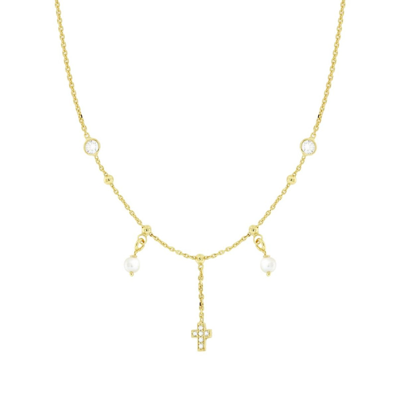 COLLANA CATENA FORZATINA DIAMANTATA CON PERLE CROCE E CUBIC ZIRCONIA BIANCHI IN ARGENTO 925 GALVANICA ORO