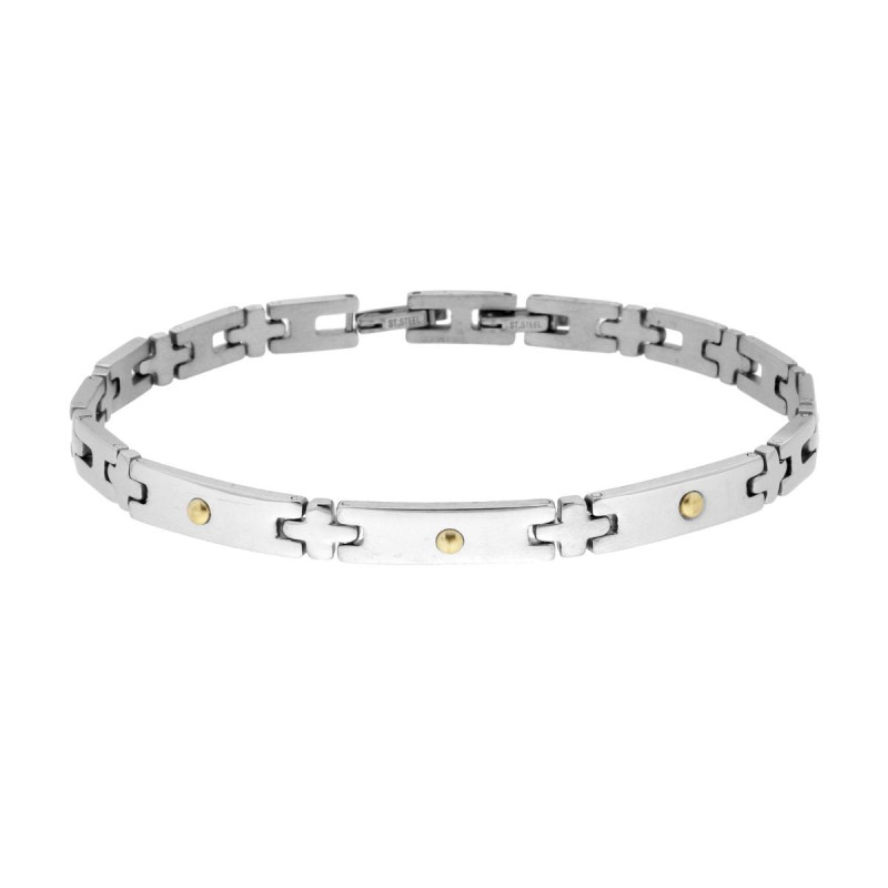 BRACCIALE UOMO MAGLIA IMPERNIATA CON PUNTI COLORE ORO IN ACCIAIO