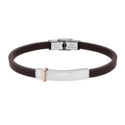 BRACCIALE UOMO IN ECOPELLE COLORE MARRONE CON TARGA ZIGRINATA E ACCESSORIO ROSA IN ACCIAIO
