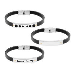 BRACCIALI IN CAUCCIU NERO CON TARGA DECORO GEOMETRICO E PUNTI COLORE ORO IN ACCIAIO
