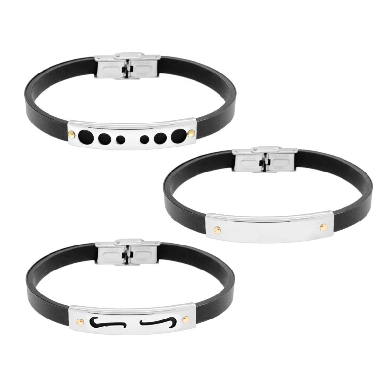 BRACCIALI IN CAUCCIU NERO CON TARGA DECORO GEOMETRICO E PUNTI COLORE ORO IN ACCIAIO