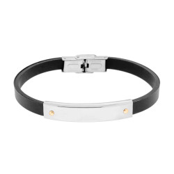 BRACCIALI IN CAUCCIU NERO CON TARGA DECORO GEOMETRICO E PUNTI COLORE ORO IN ACCIAIO