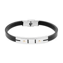 BRACCIALI IN CAUCCIU NERO CON TARGA DECORO GEOMETRICO E PUNTI COLORE ORO IN ACCIAIO