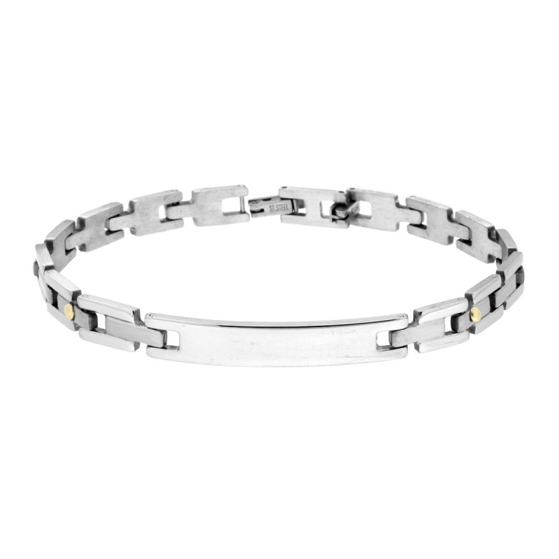 BRACCIALE UOMO MAGLIA IMPERNIATA CON TARGA E PUNTI ORO IN ACCIAIO