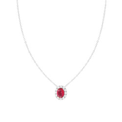 COLLANA CATENA FORZATINA DIAMANTATA CON OVALE ROSSO RUBINO CONTORNATO DA CUBIC ZIRCONIA BIANCHI IN ARGENTO 925 GALVANICA RODIO