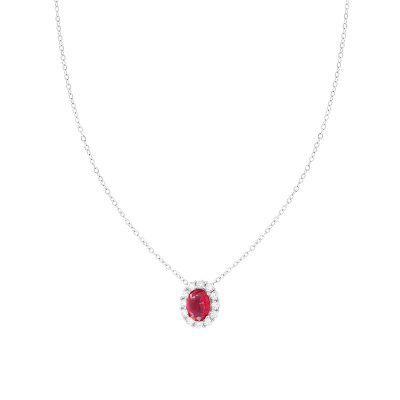 COLLANA CATENA FORZATINA DIAMANTATA CON OVALE ROSSO RUBINO CONTORNATO DA CUBIC ZIRCONIA BIANCHI IN ARGENTO 925 GALVANICA RODIO