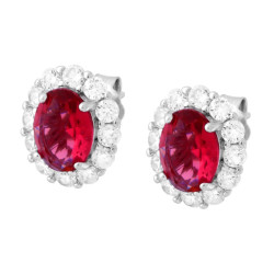 ORECCHINI OVALE ROSSO RUBINO CONTORNATO DA CUBIC ZIRCONIA BIANCHI IN ARGENTO 925 GALVANICA RODIO